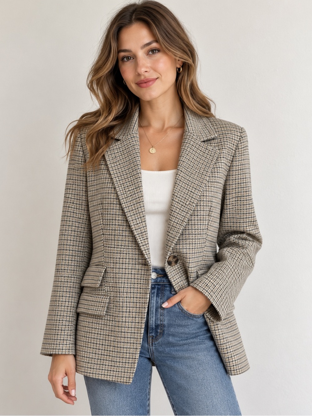 Anthropologie Beige Checked Single-Button Blazer